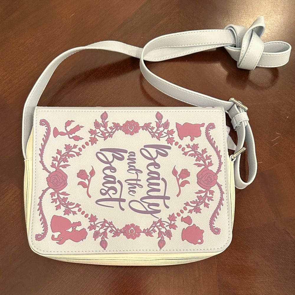 Light Blue Crossbody “Book” Bag with Purple Floral- Beauty and the Beast